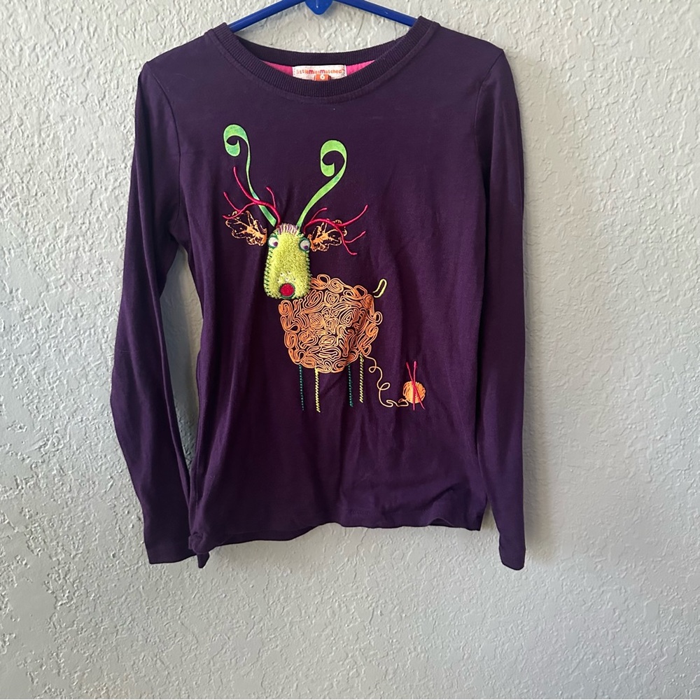 Girls Little Mismatched Holiday Reindeer Purple embroidered Shirt 6